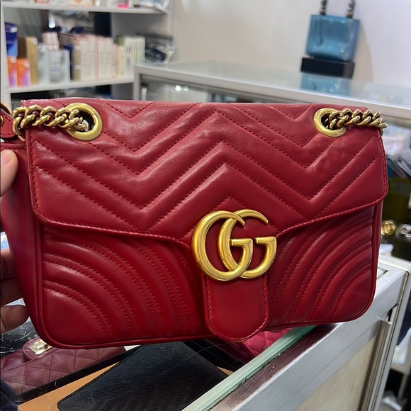 Gucci Handbags - Gucci Red GG Marmont Chevron Shoulder Bag
